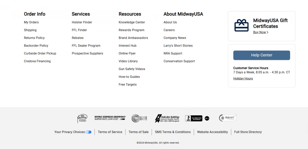 midway usa website footer