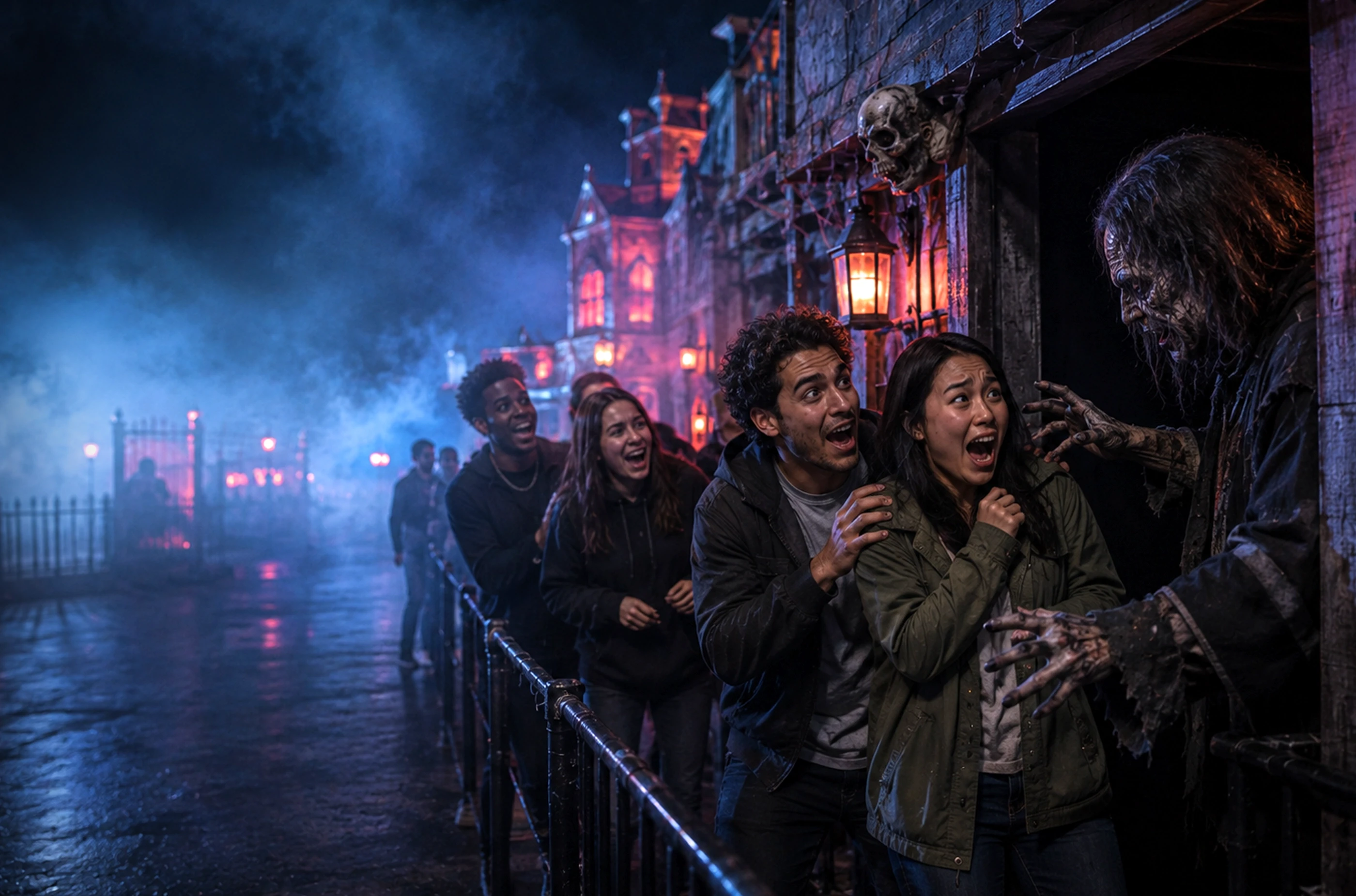 a scary zombie like figure pops out to scare a couple at the haunted house