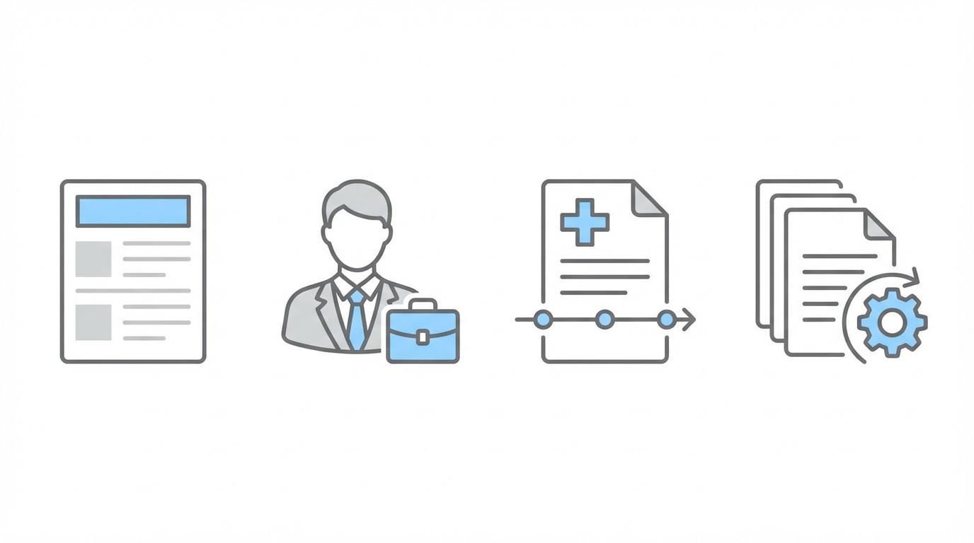 Four efficiency strategy icons: template, paralegal support, medical chronology, batch processing
