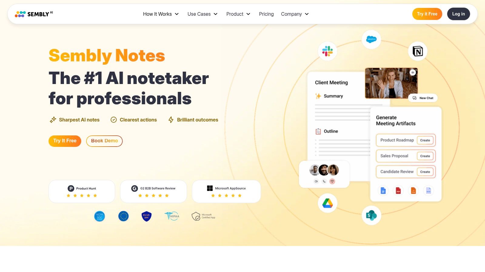 Sembly AI interface showing meeting details and AI-generated insights.