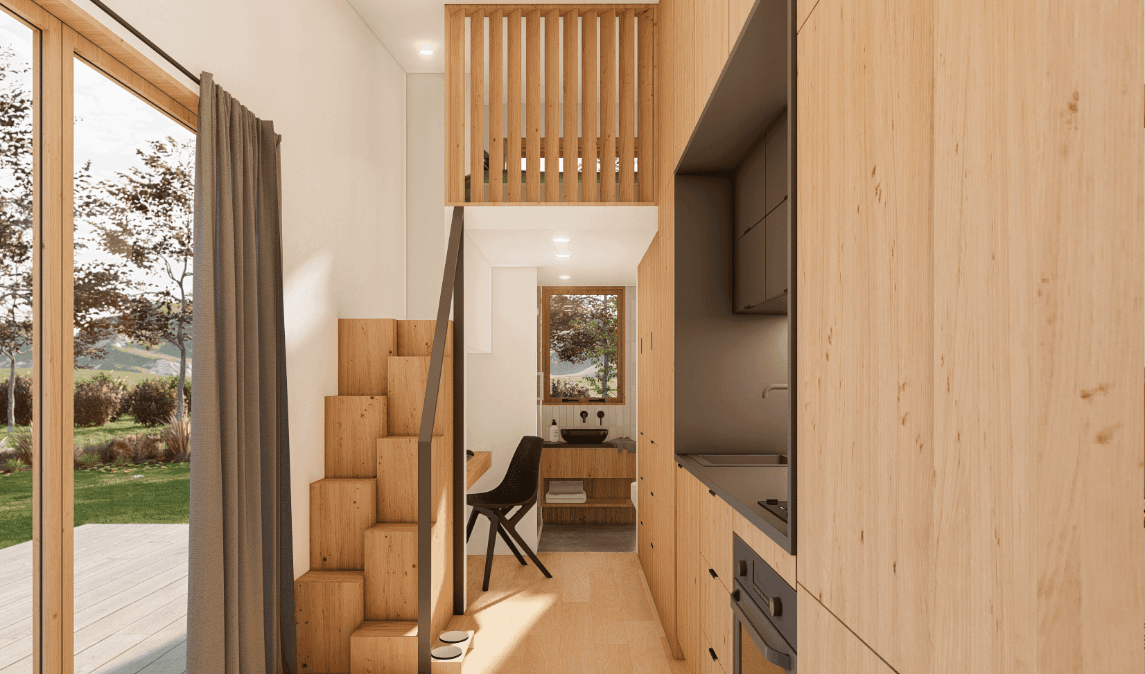 Full integrated cabinet in your tiny house office for office supplies