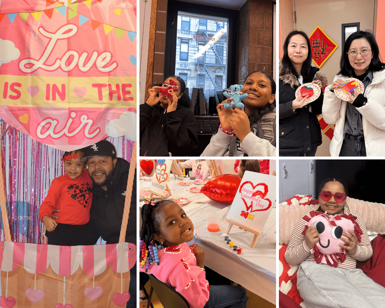 Collage of the different ways Grand Street's community members celebrated Valentine's Day with love, fun crafts, and friendship.