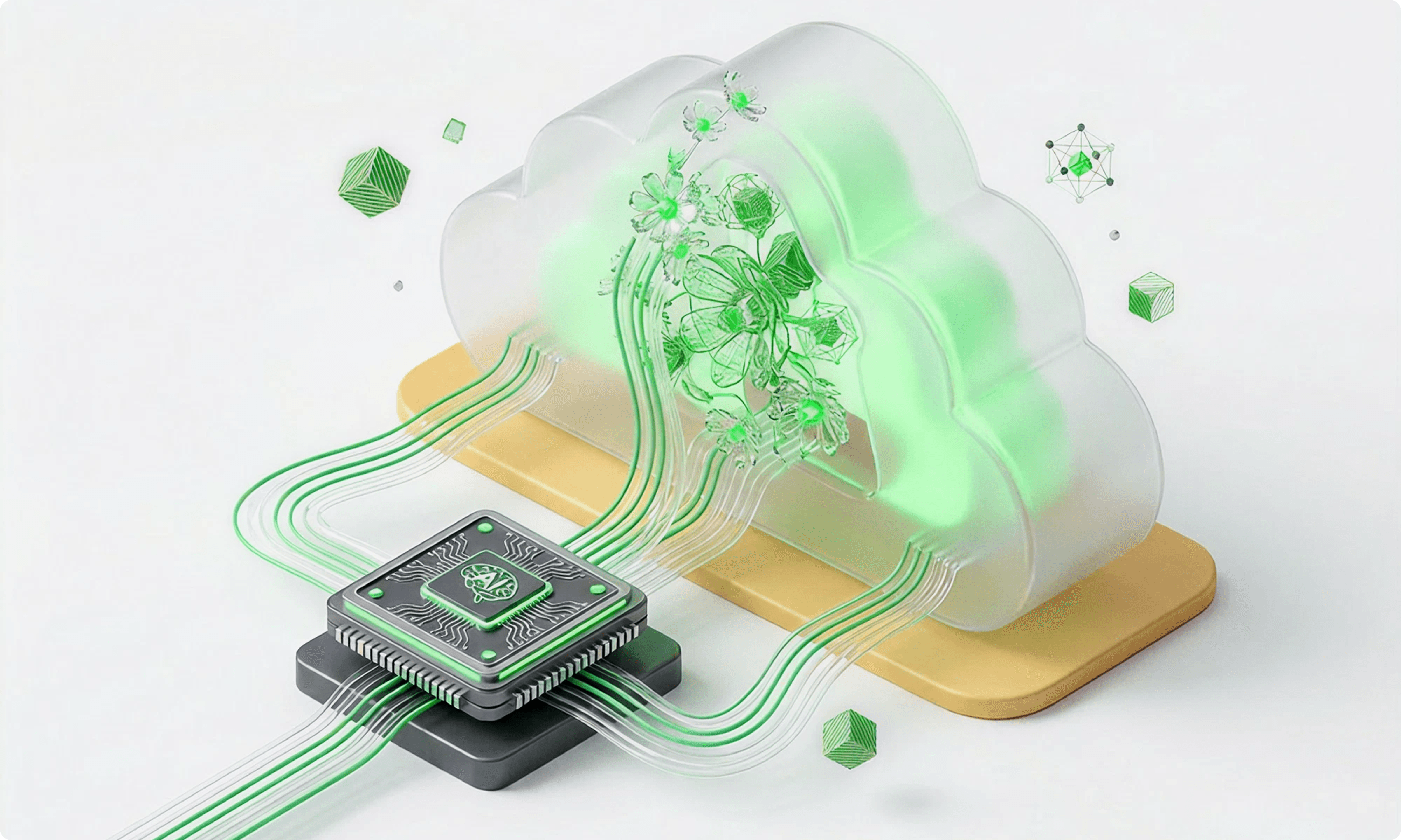 An AI chip connects to a cloud-shaped object with green flowers inside, all rendered in a clean, futuristic style.
