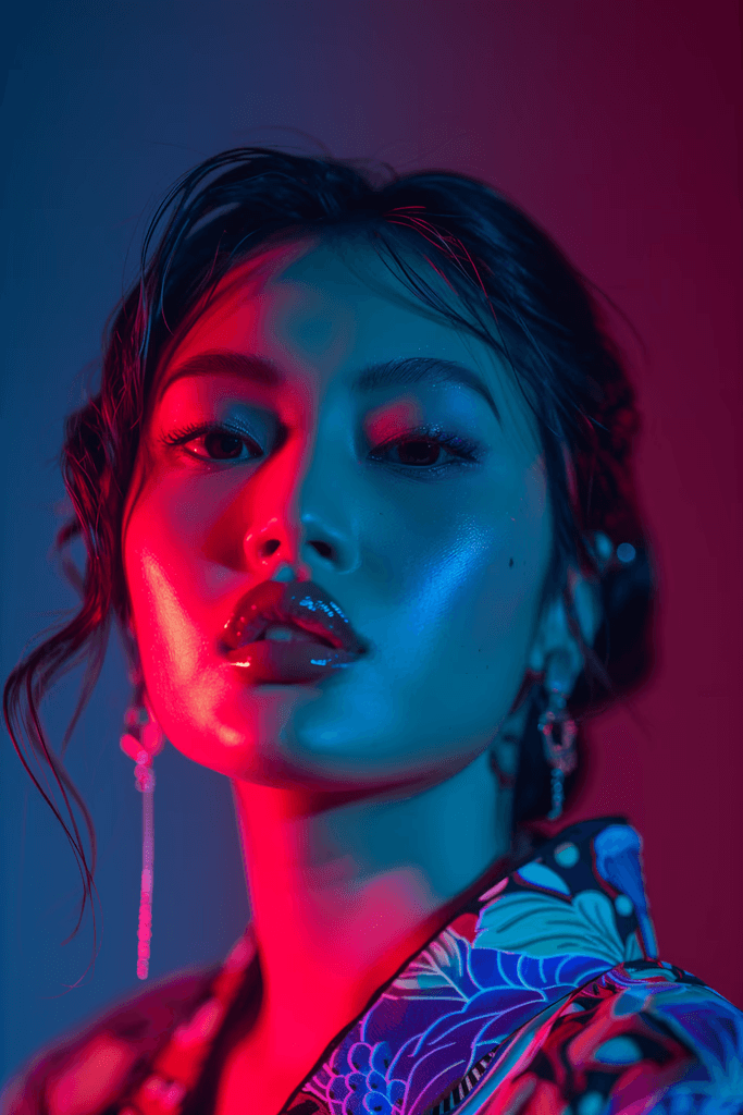 Woman with sleek hair and glossy lips in vibrant red and blue lighting, wearing a patterned outfit, conveying a bold, dramatic mood.