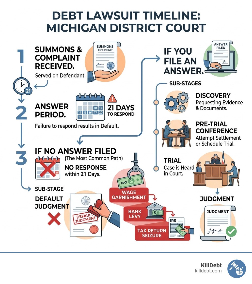 Debt lawsuit timeline from summons to judgment in Michigan District Court infographic