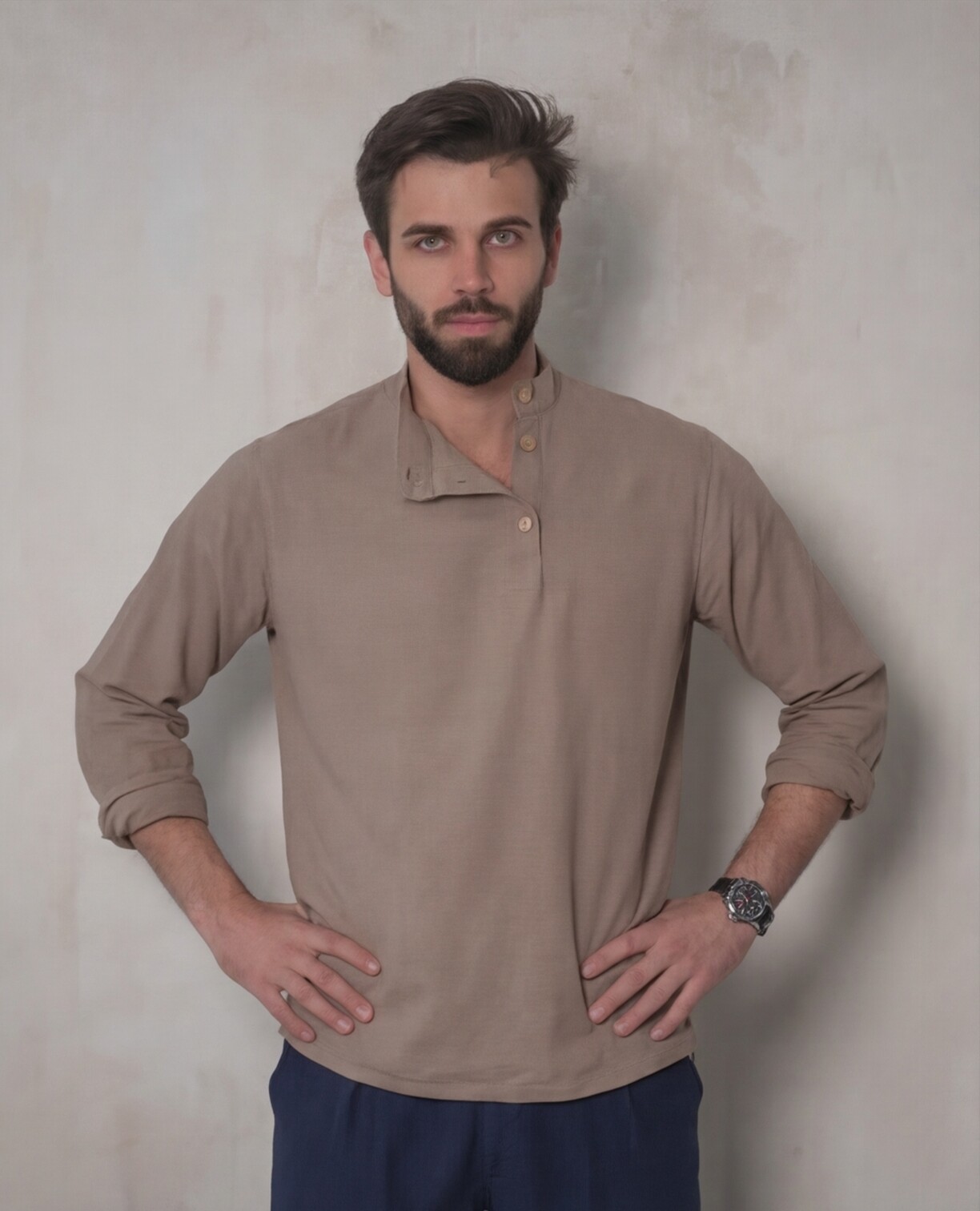 Taupe Mandarin Collar Shirt with Navy Trousers