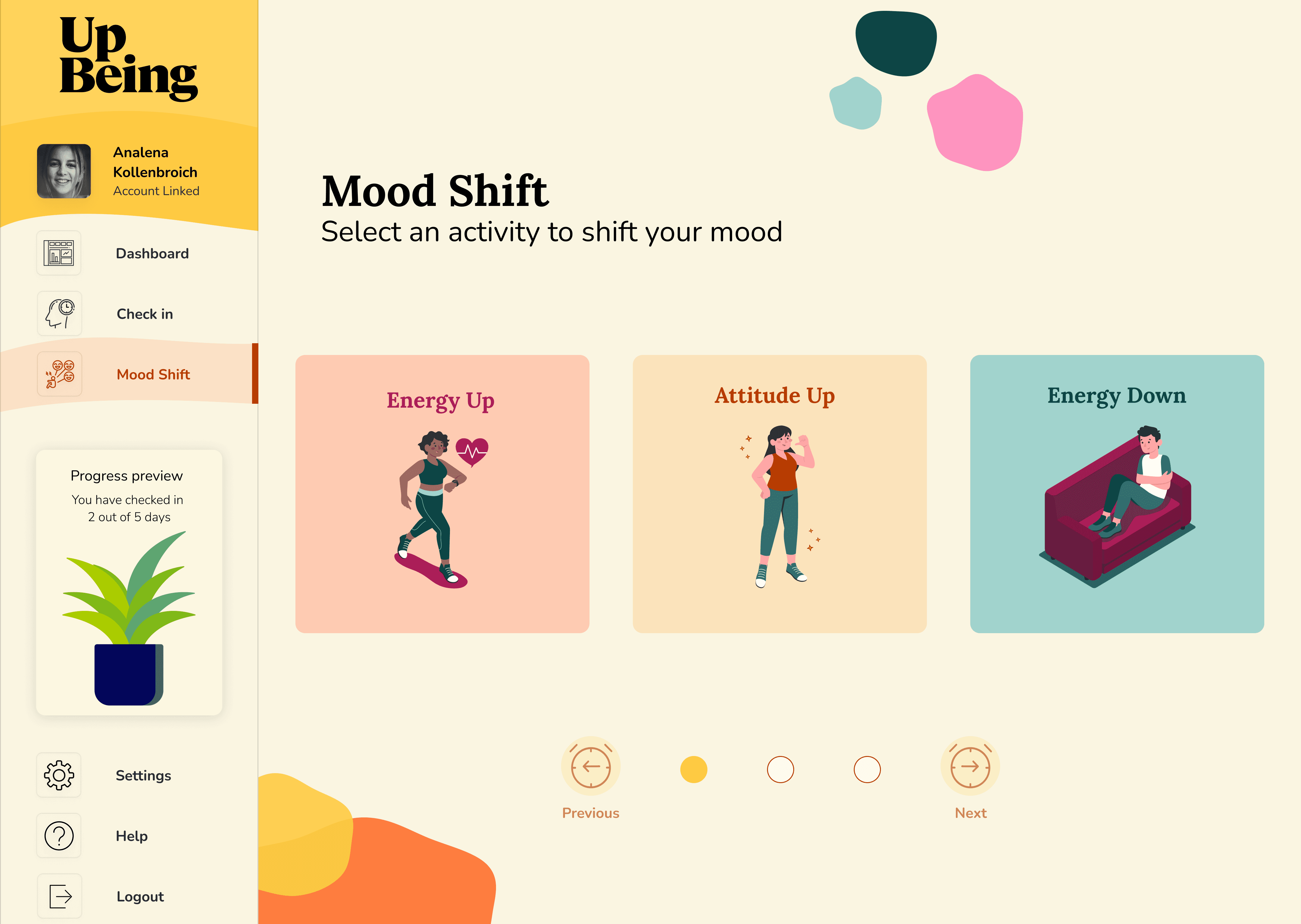UpBeing Mood Shift’ screen showing a dashboard with three activity options—Energy Up, Attitude Up, and Energy Down—each represented by an illustrated card. A left sidebar displays navigation links and a progress preview.