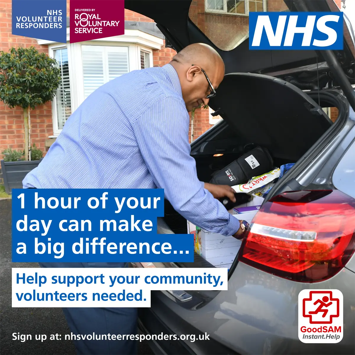 Man loading supplies into car for NHS Volunteer Responder role, showing Royal Voluntary Service community delivery