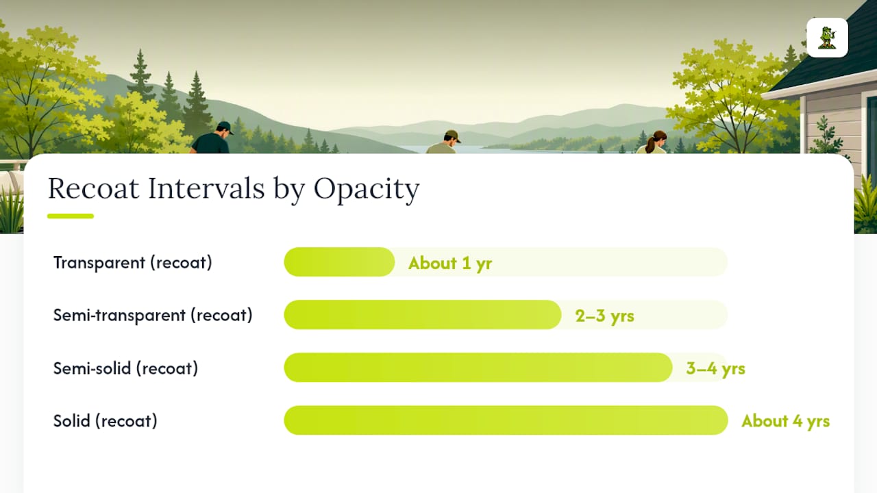 Diagram showing deck stain recoat intervals by opacity