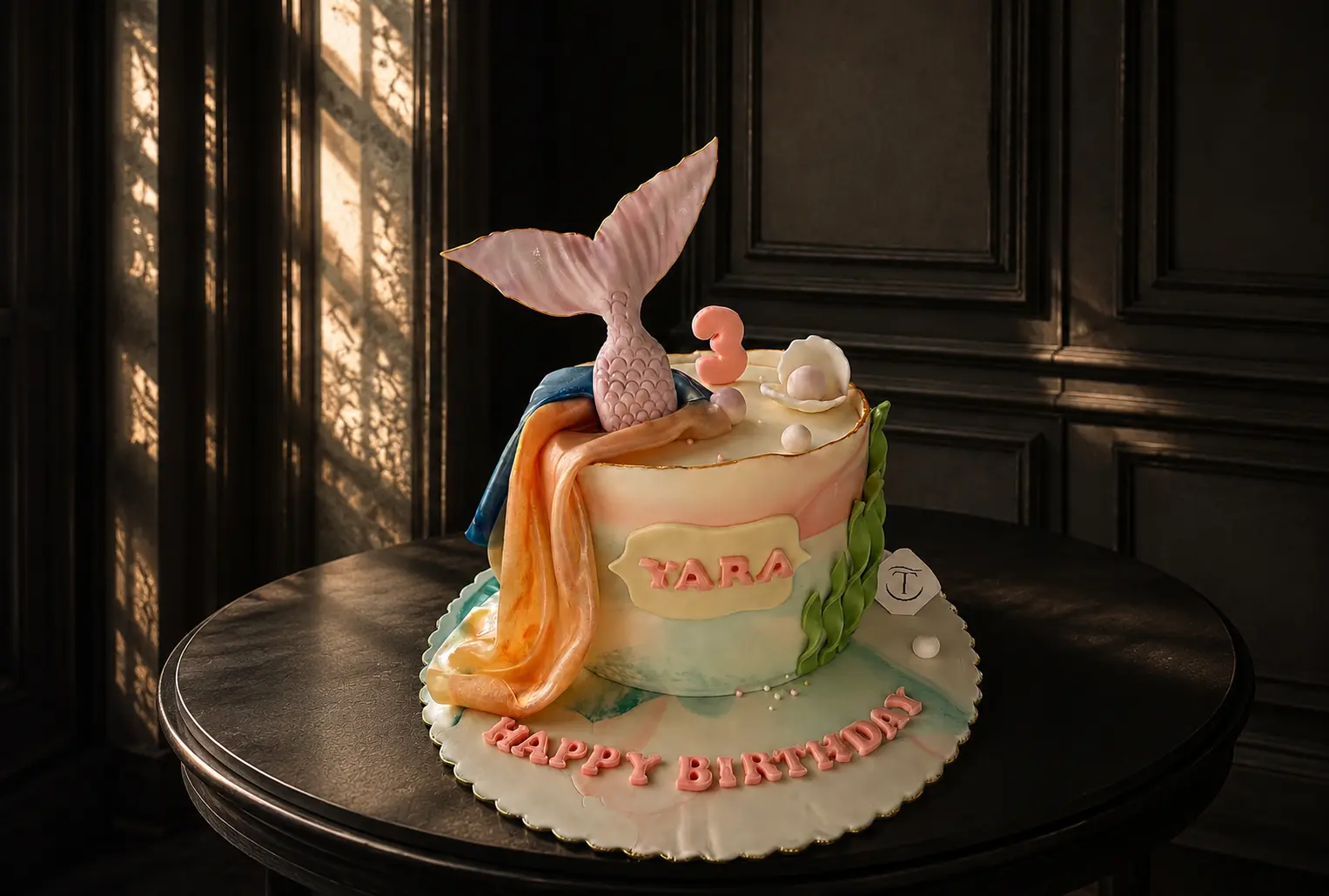 Bespoke mermaid birthday cake for Yara by Chef Touq, featuring a handcrafted sugar mermaid tail, edible fabric draping, pearls, and ocean-inspired details.