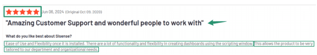 User review highlighting Sisense’s customer support, flexibility, and dashboard customization capabilities