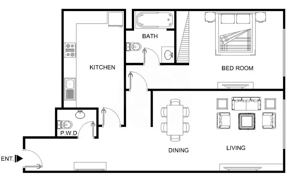 Efficient 1-bedroom apartment floor plan with dedicated dining and living spaces for modern living.