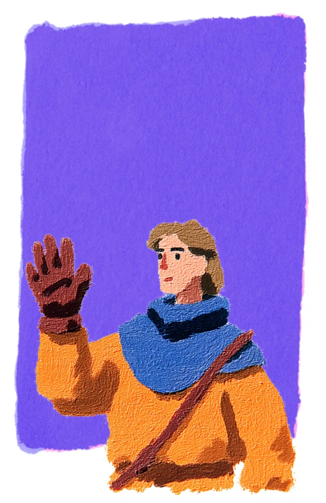 A traveler in an orange tunic and blue hood raises a gloved hand in greeting, illustrating the Book step of Floating Castle's process