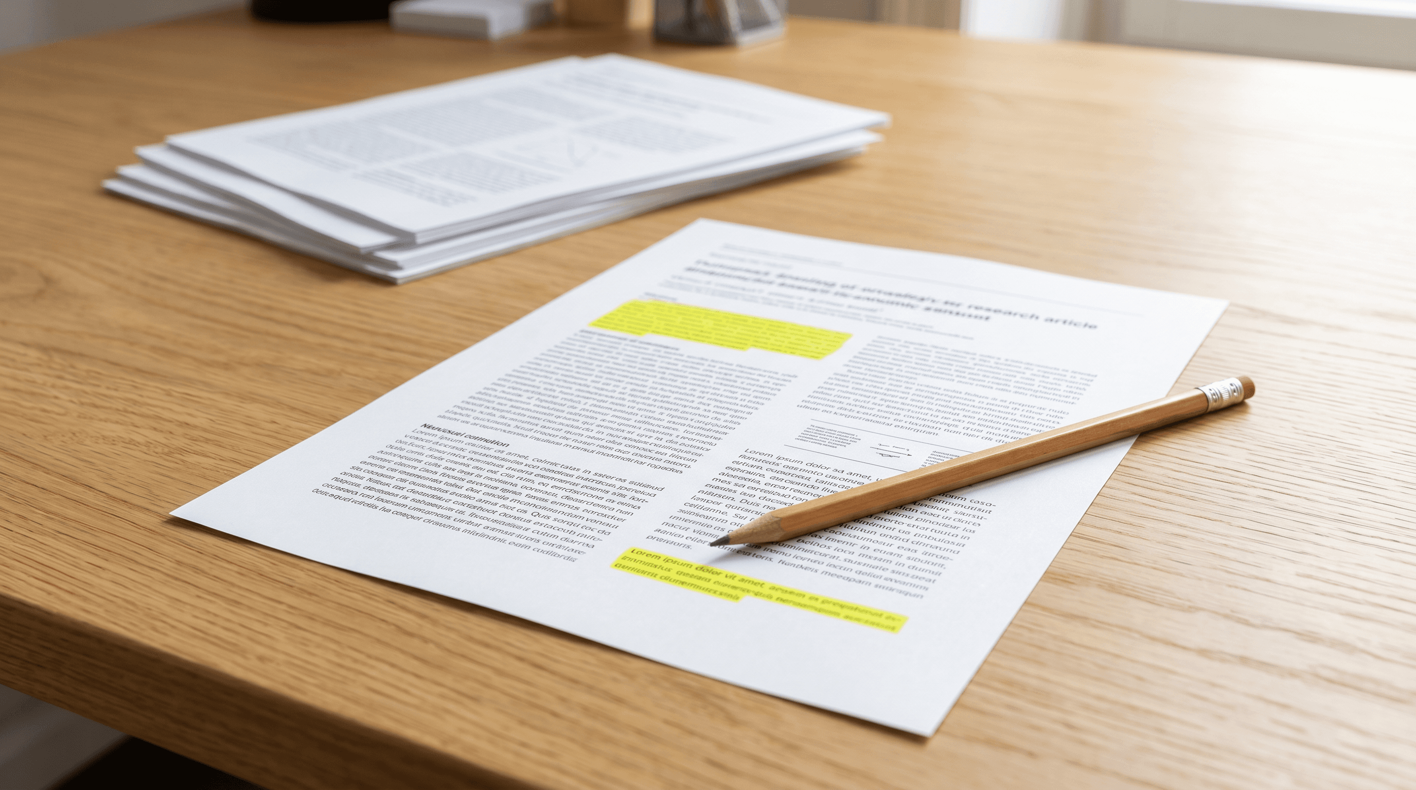 Printed research paper with two highlighted bands and a pencil
