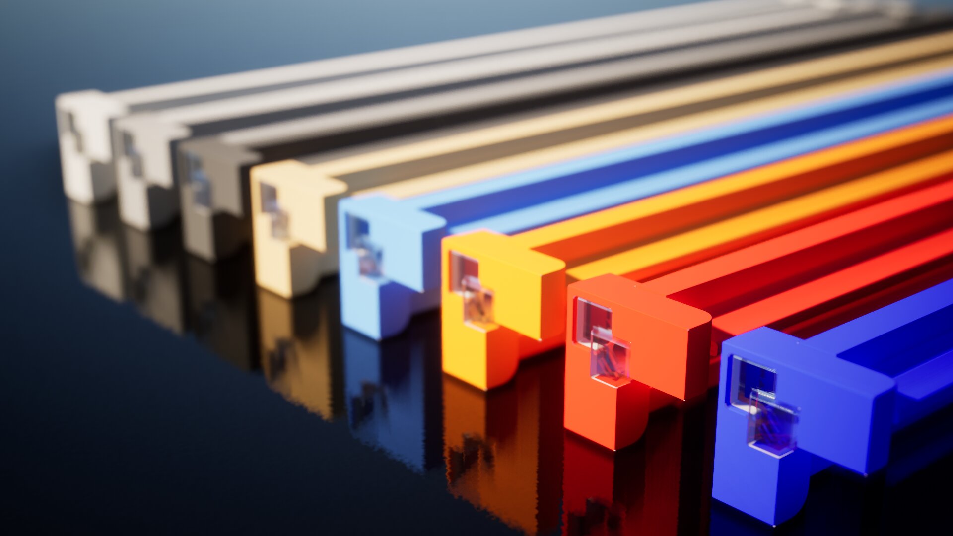 Colorful array of various colored rectangular shelf supports, including red, orange, and blue.