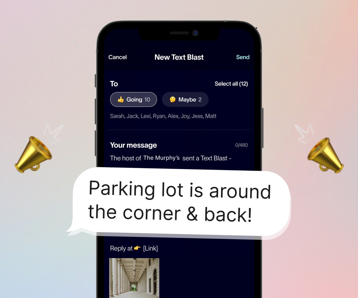 Party planning app feature demonstrating group text updates with an event reminder and customizable messages.