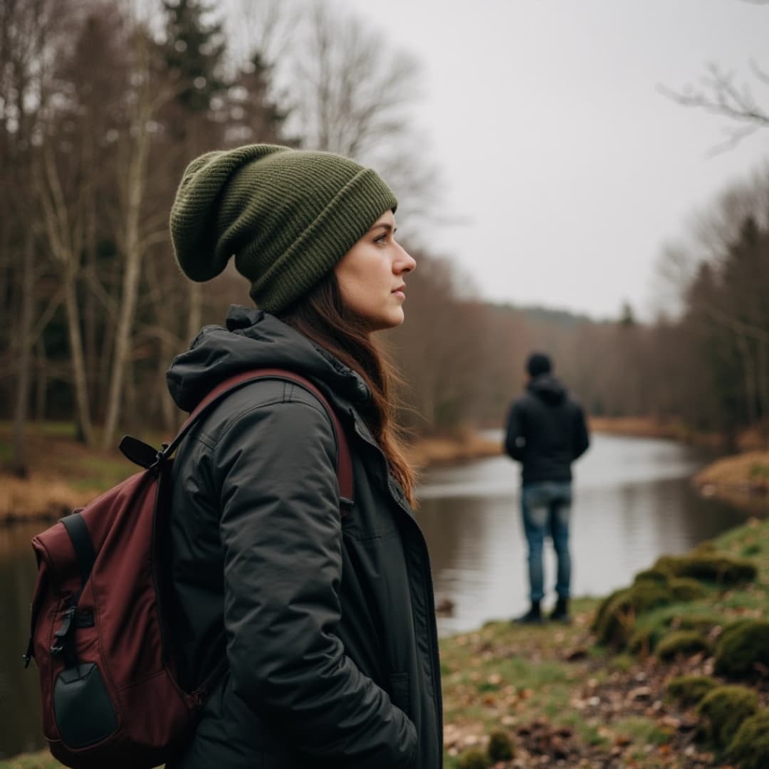 eine frau in der natur beim wandern, neben ihr steht ein mann