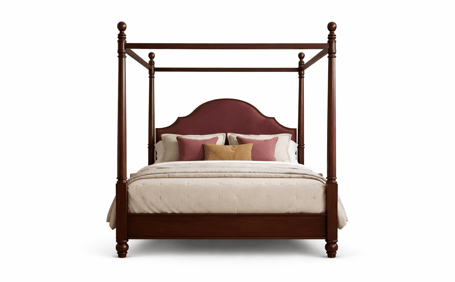 Four‑poster bed with curved wooden headboard and decorative top rail