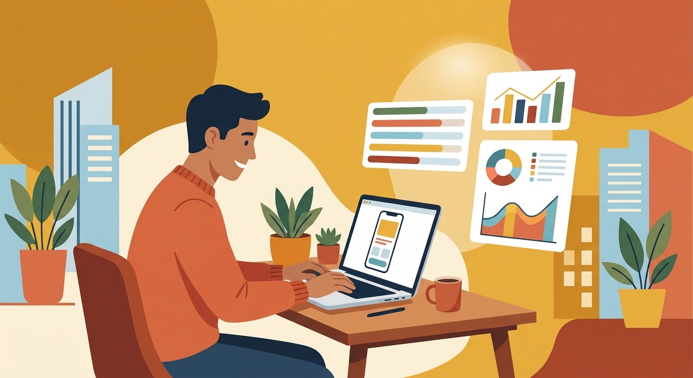 Person working efficiently on a laptop with a mobile app prototype and progress charts visible