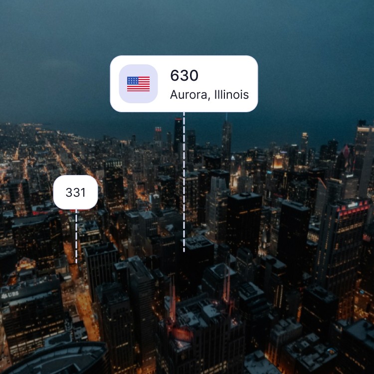 City skyline of Aurora showing the 630 area code and surrounding area codes