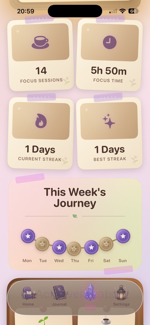 Cozy Pom early Stats screen with parchment-style cards on a pink and lavender background
