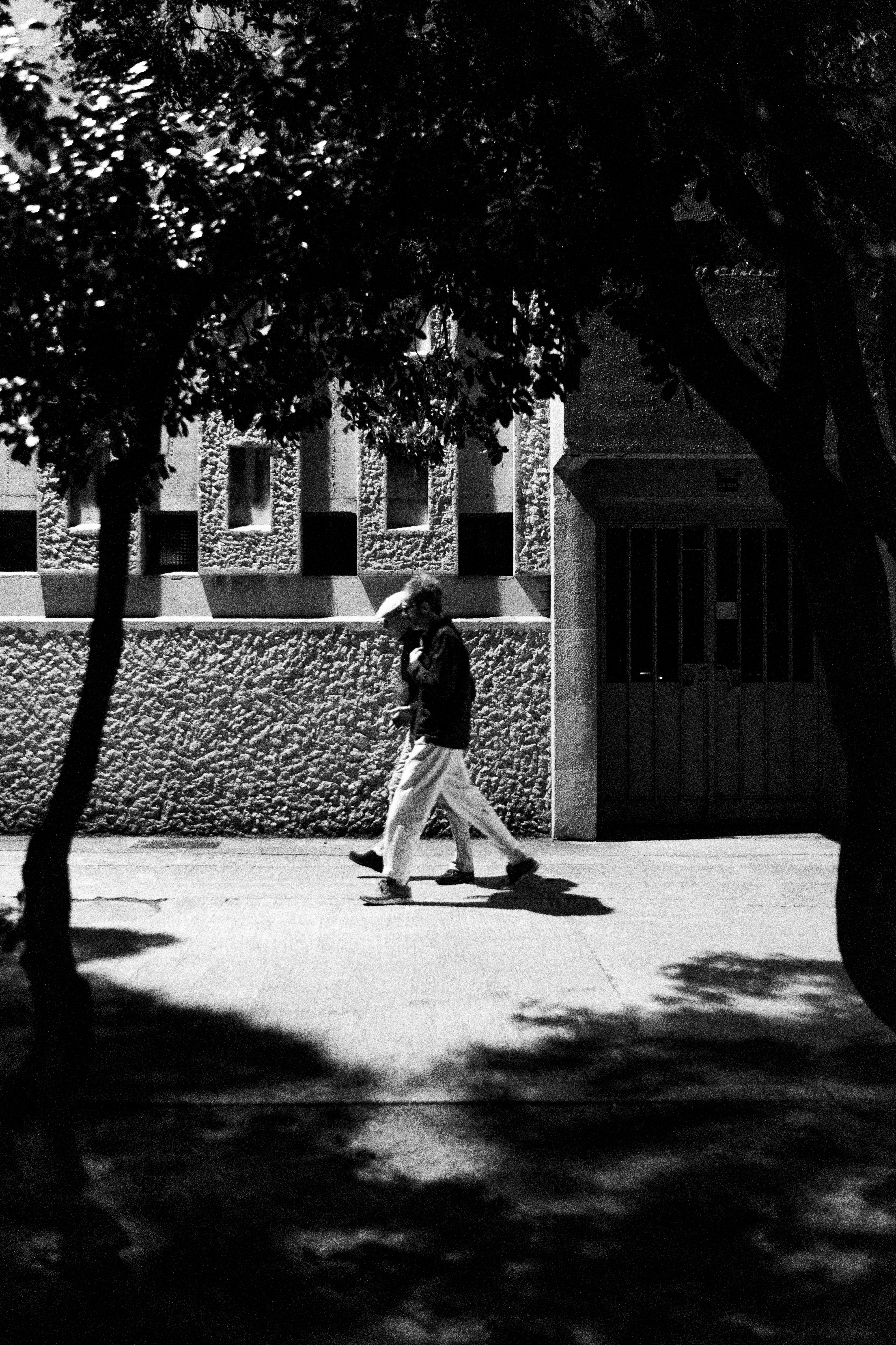 Two walkers in front of a building at night