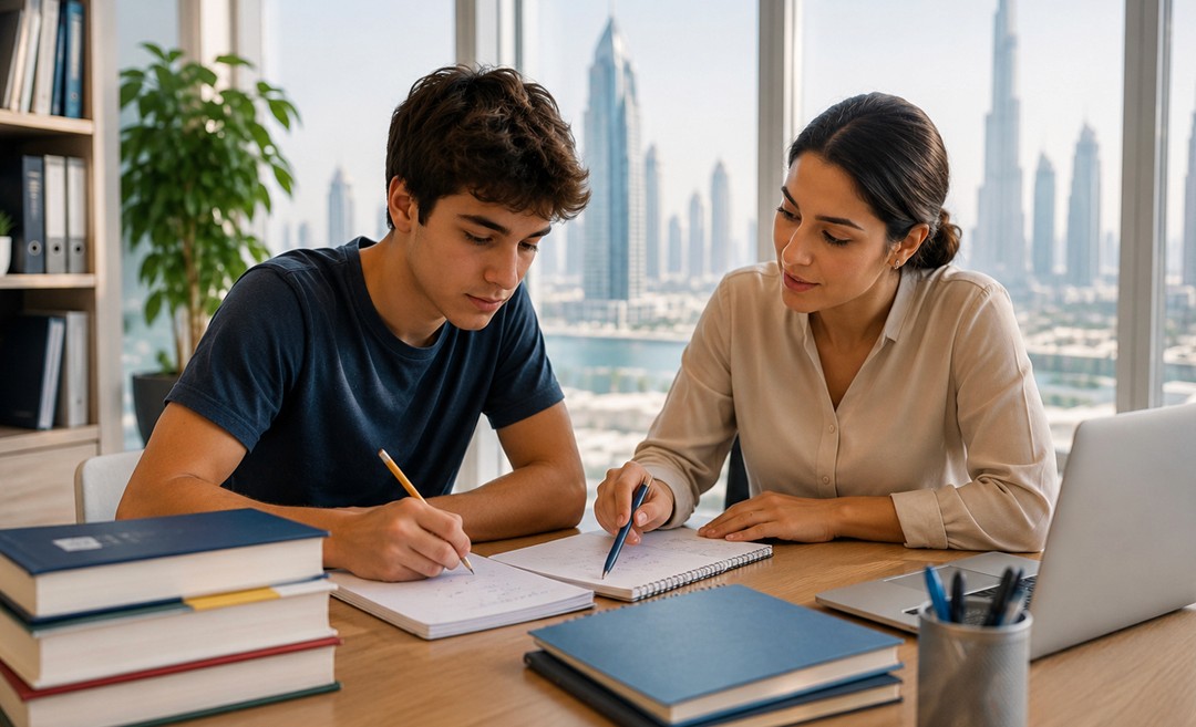 Dubai maths tutor guiding a student through SAT and IB Higher Level exam preparation.