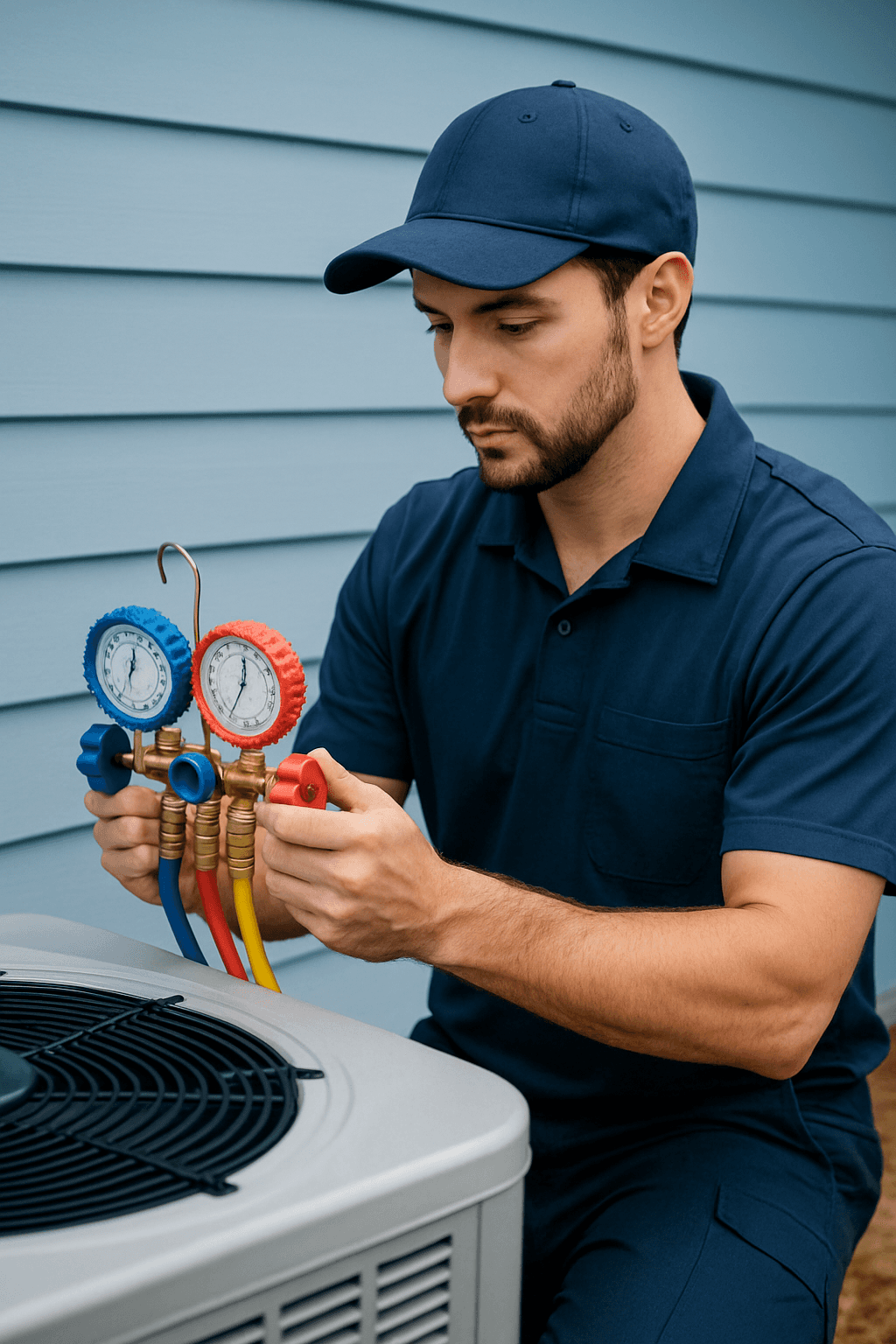 HVAC technician adjusting gauges on air conditioning unit, showcasing expertise in heating and cooling services.