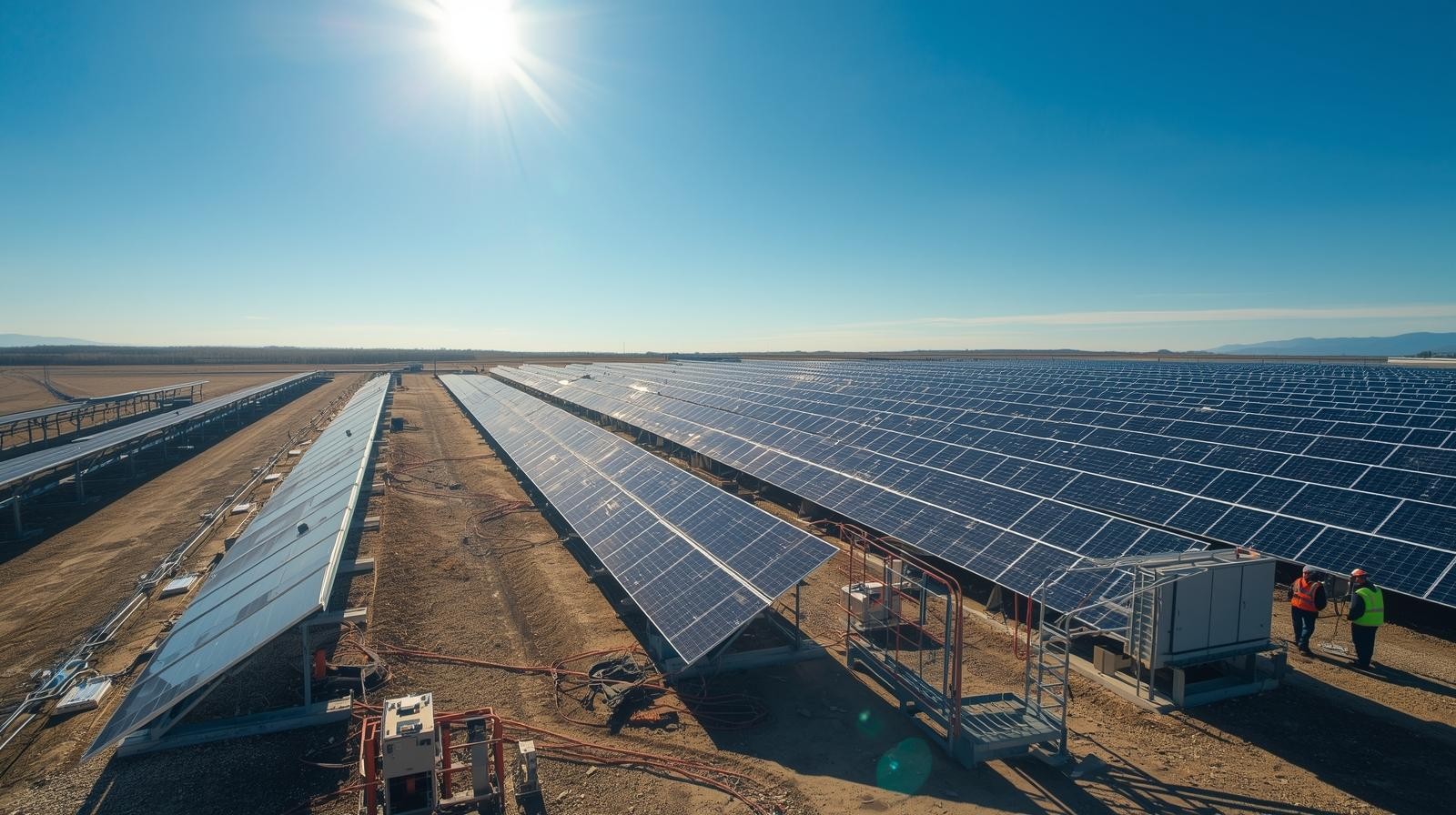 Maintenance workers at a large solar farm ensuring optimal panel performance.
