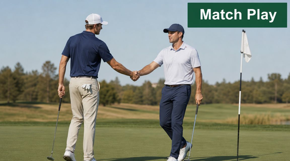 Two male professional golfers shaking hands on a golf green after finishing a match play competition.