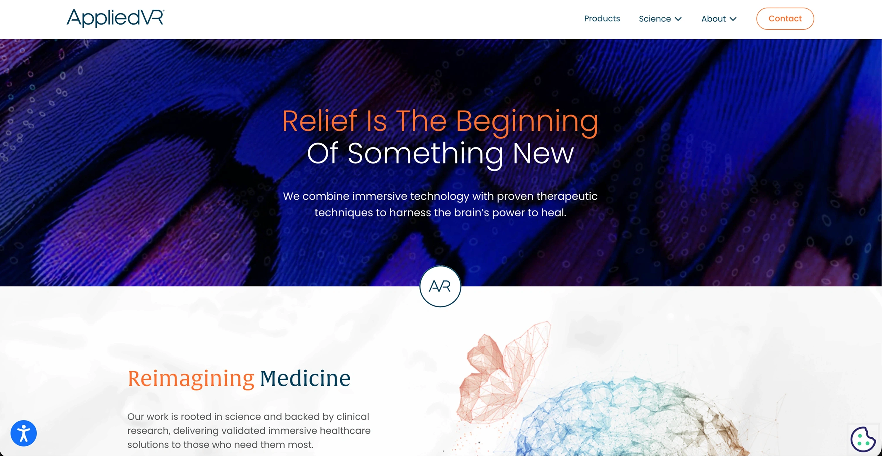 AppliedVR website homepage showing the EaseVRx prescription VR therapy platform for chronic pain