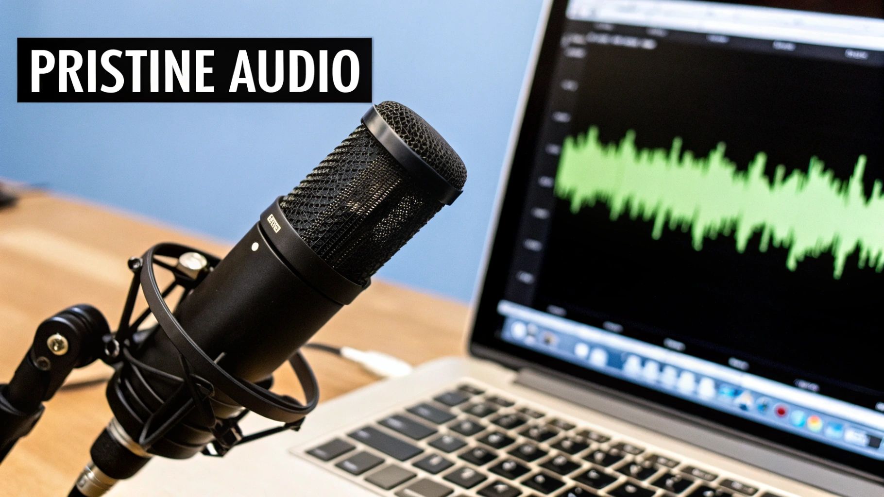 A professional microphone setup next to a Mac, representing high-quality audio recording.