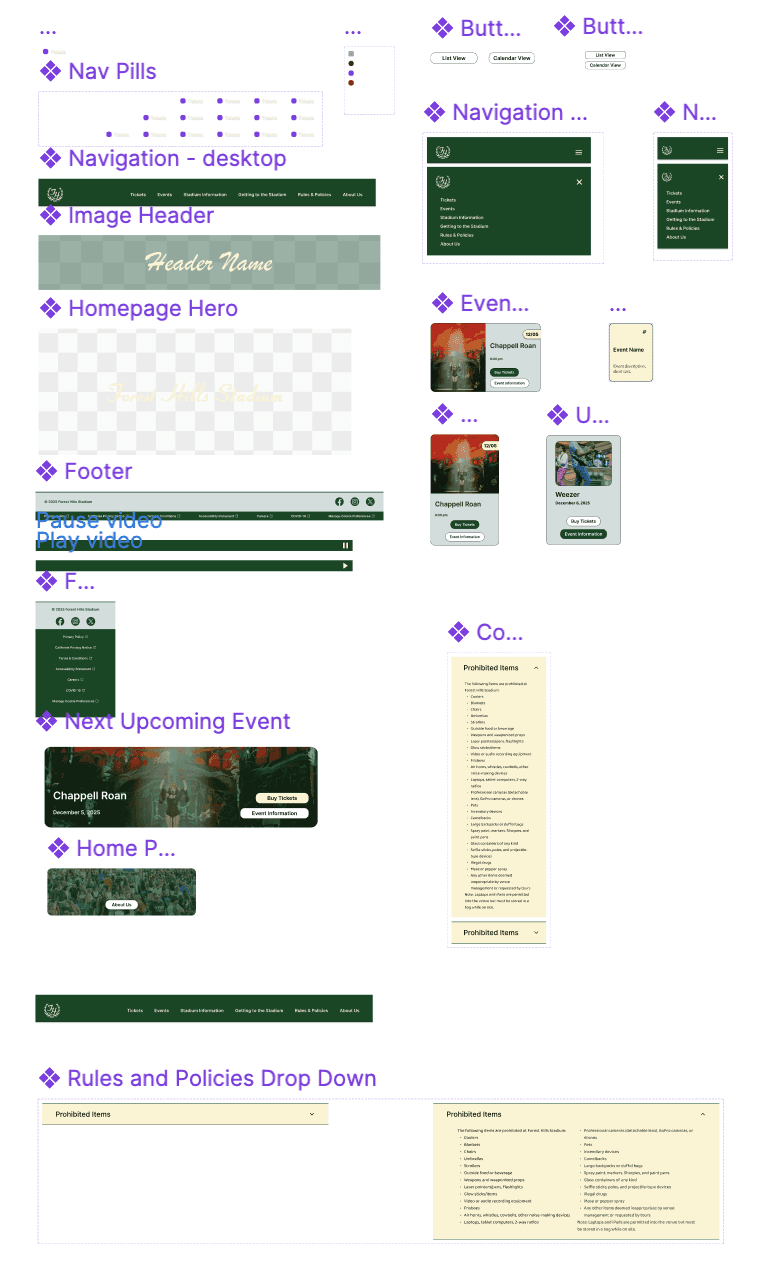 Design system showing component library including navigation, buttons, headers, event cards, footer, and dropdown menus in green and cream