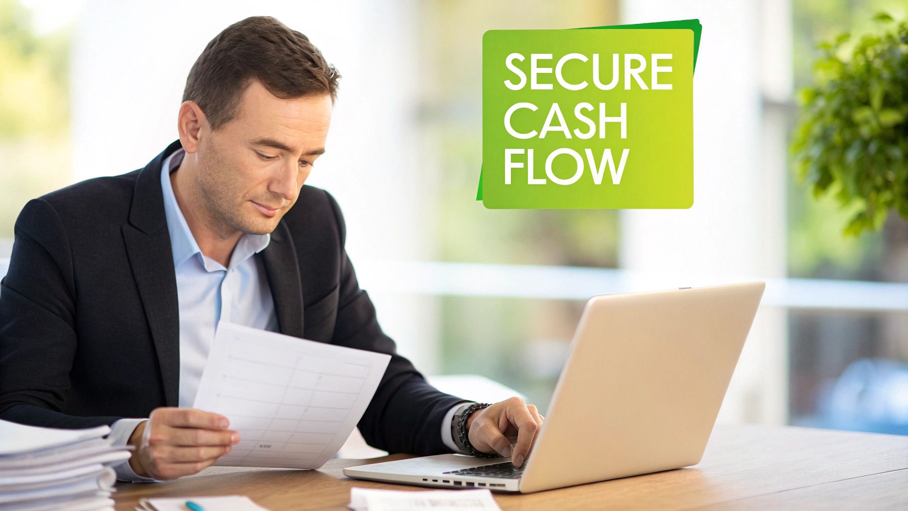 A businessman reviews documents and works on a laptop, with a 'Secure Cash Flow' graphic.