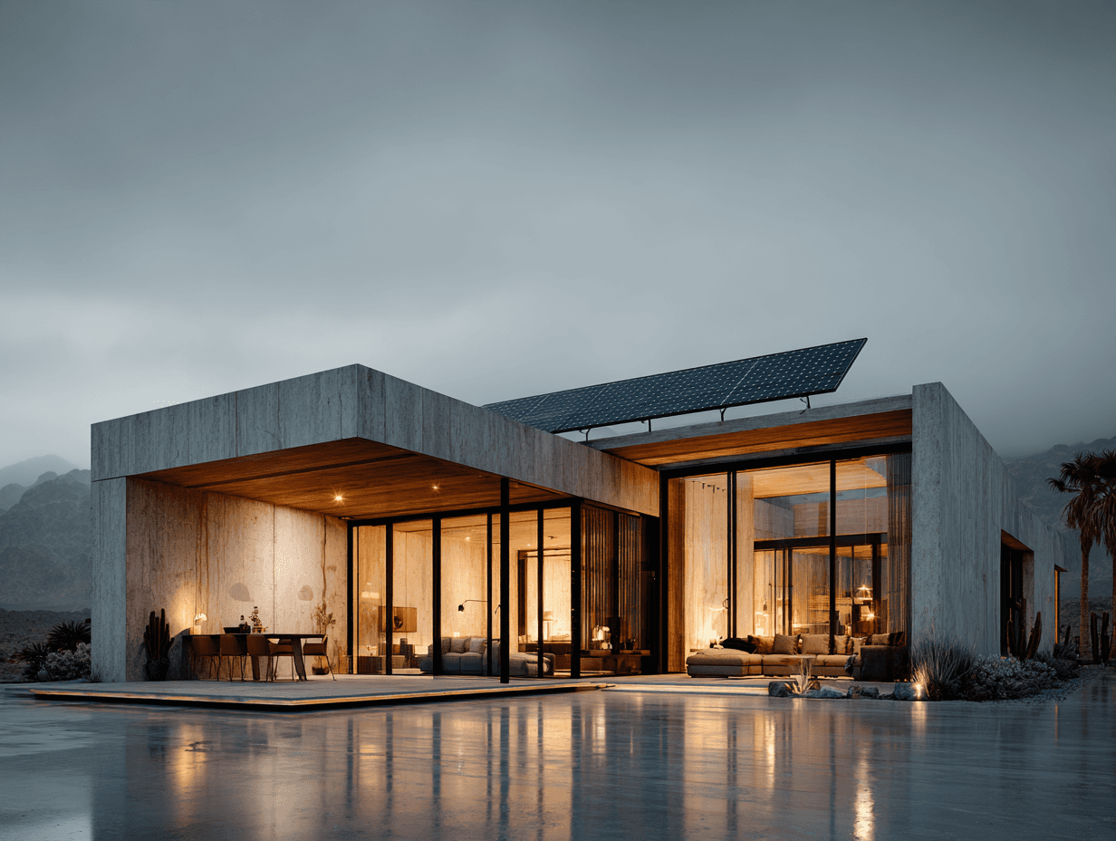 فيلا عربية مضاءة في المساء بأضواء دافئة، تُظهر نظامًا شمسيًا يعمل بكفاءة ودعمًا فنيًا مستمرًا.