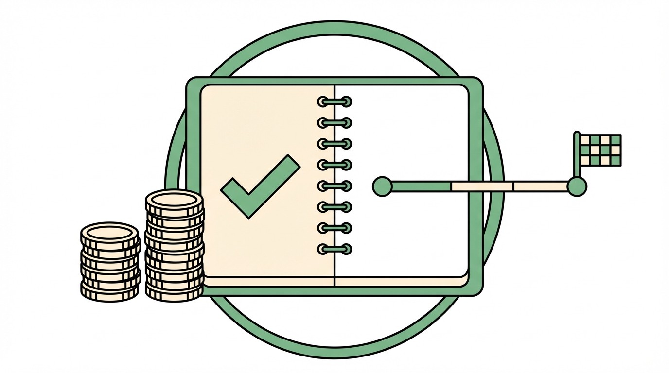 Grafik eines Notizbuchs mit Haken, Münzstapeln und Zielflagge, symbolisch für erfolgreiche Finanzplanung und erreichte Ziele.