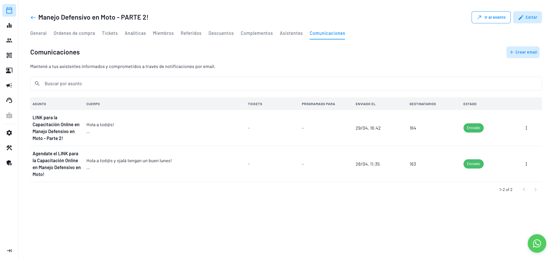 panel centralizado de comunicacion para asistentes de tu evento con opcion por filtro por ticket