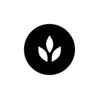 Black circle with white three-leaf symbol in the center.