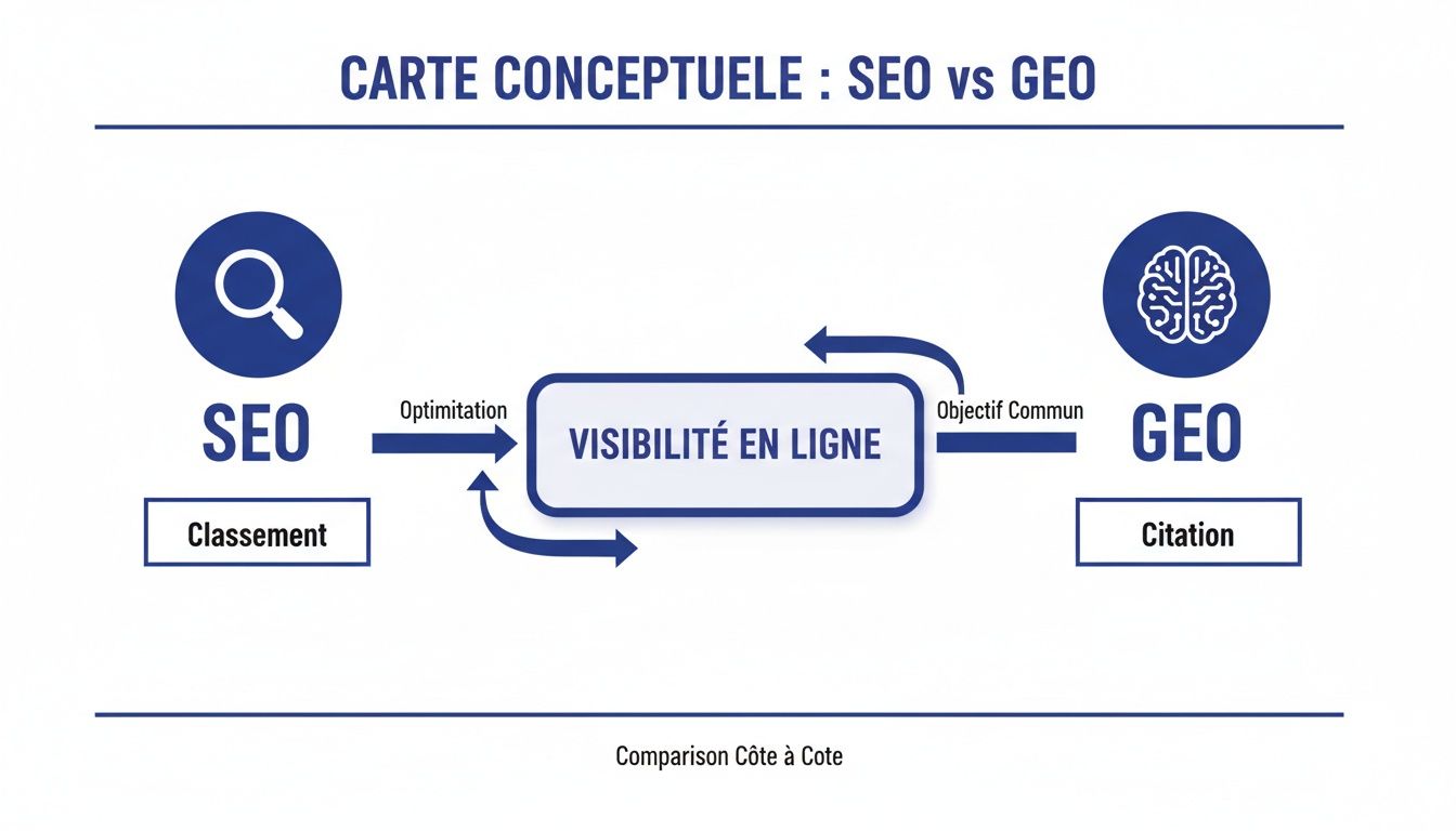 Carte conceptuelle illustrant la relation entre SEO (optimisation, classement) et GEO (citation, objectif commun) pour la visibilité en ligne.