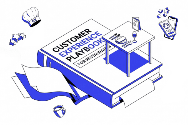 The Restaurant customer experience playbook, with coffee or drink cup, dining table, like, customer engagement, fork knife plate, and a chefs hat