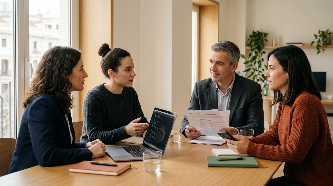 Cuatro profesionales se reúnen en una oficina, discutiendo documentos y usando un portátil.