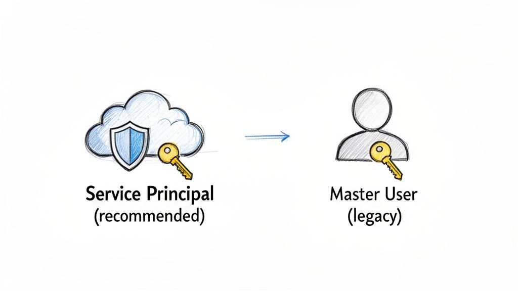 Diagram illustrating the recommended Service Principal authentication method in cloud versus legacy Master User.