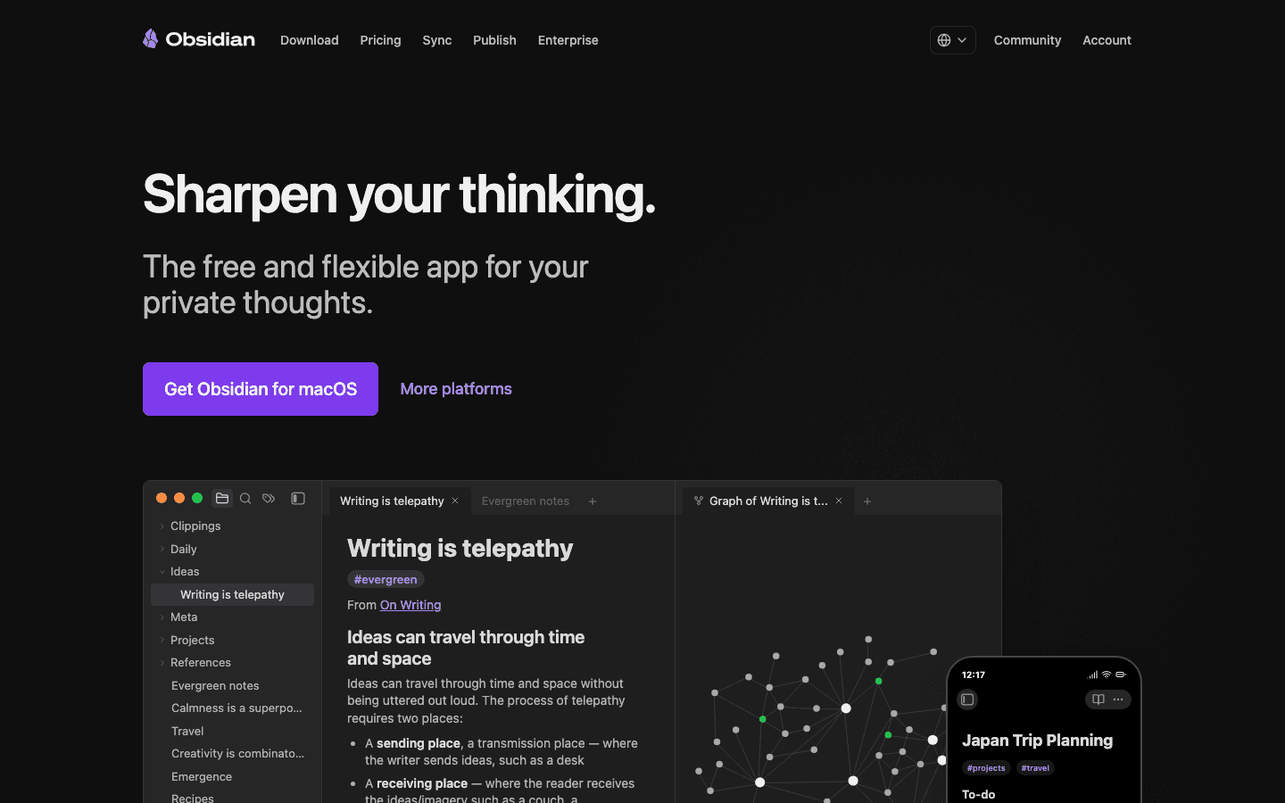 Obsidian note-taking app website screenshot
