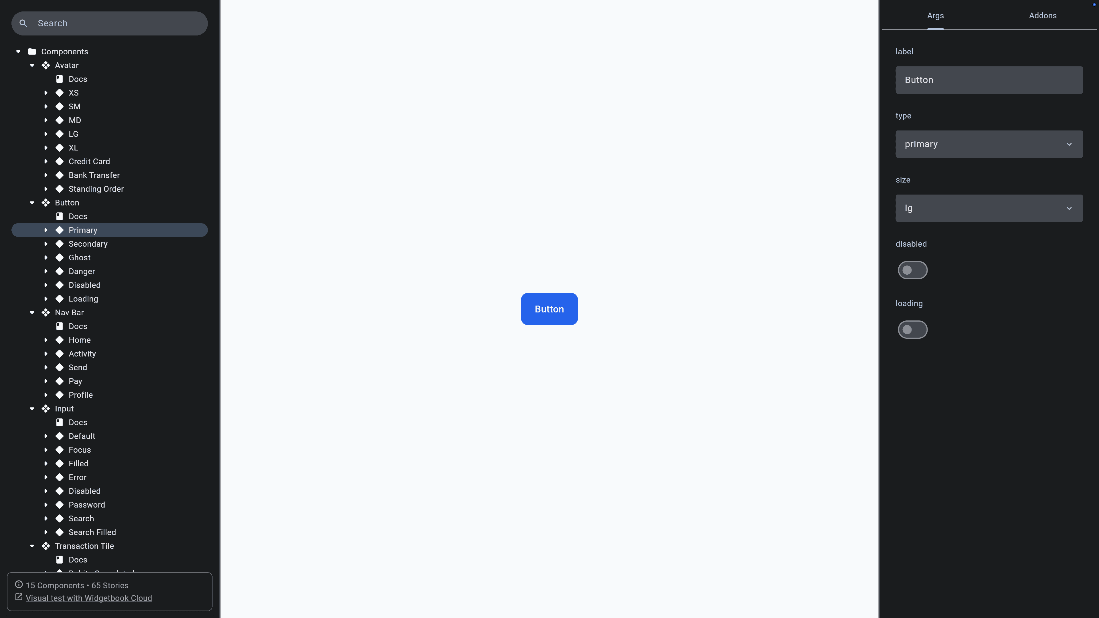 Widgetbook preview of a Button component