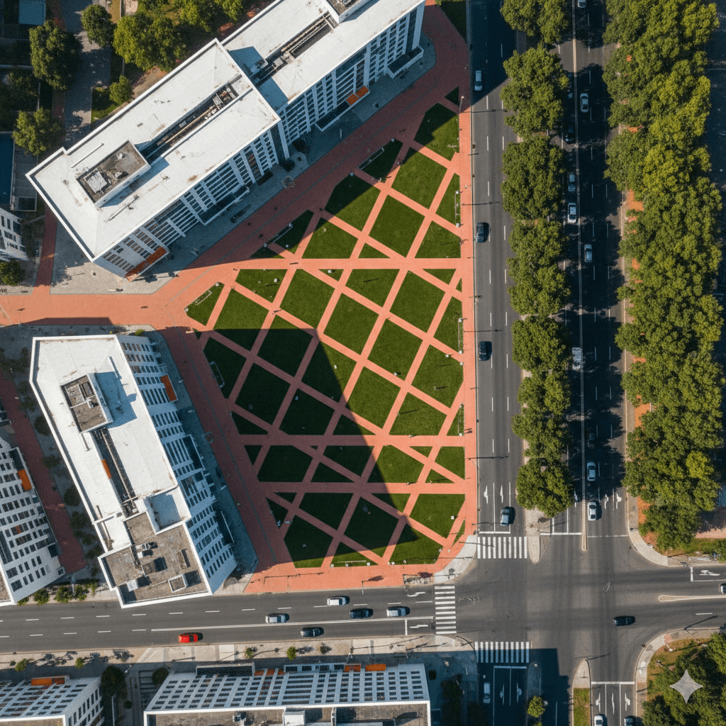 Aerial view of a geometric plaza with crisscrossing red paths and grass, surrounded by white buildings and a tree-lined street with cars. Urban, organized.