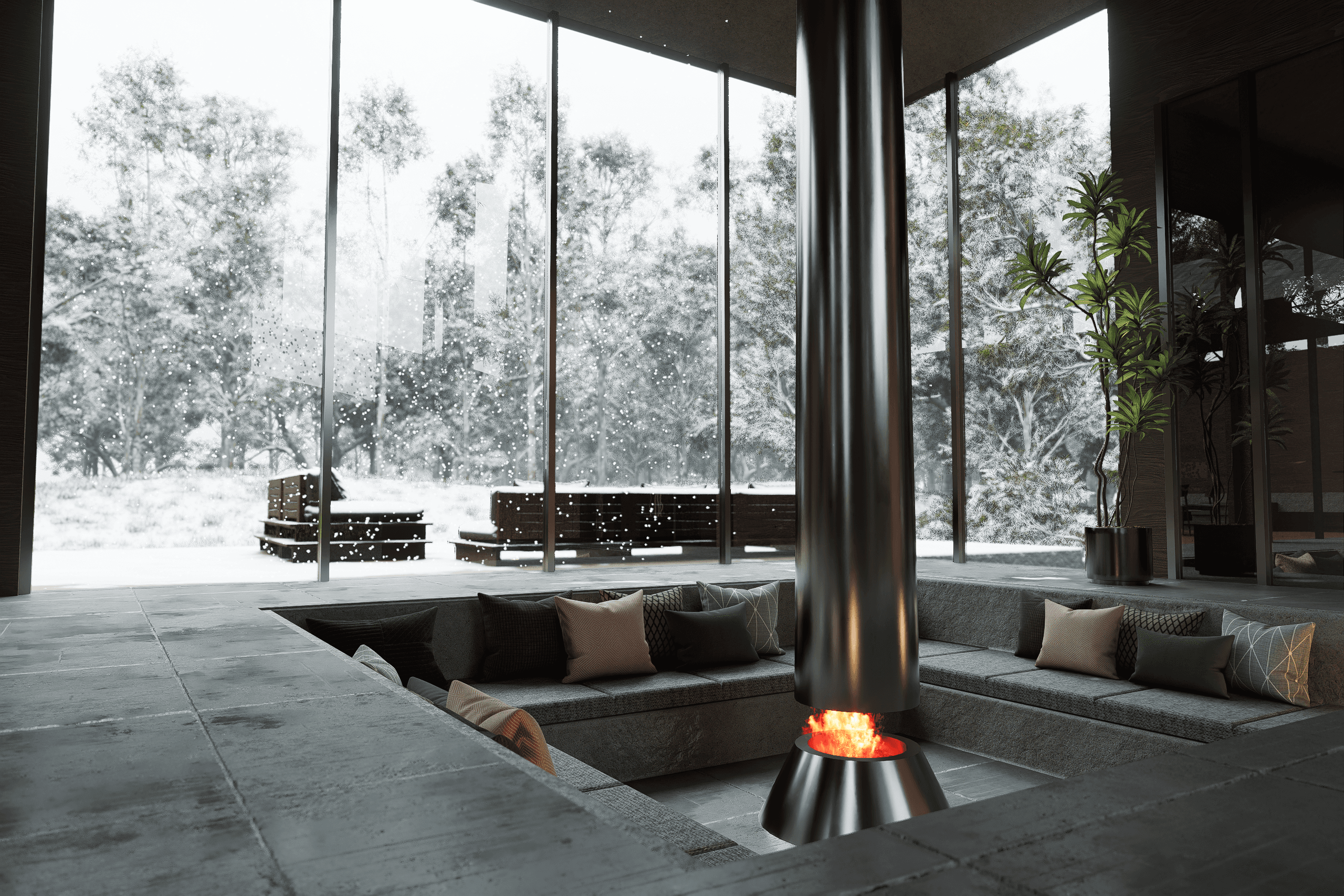 render realista salón con chimenea en invierno arquitectura brutalista