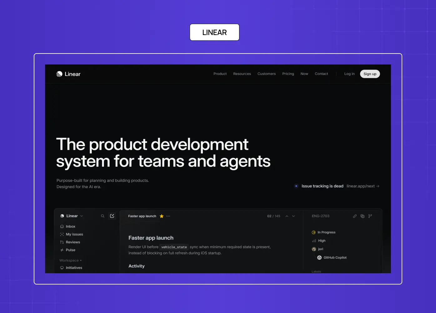 Linear homepage showcasing a dark-themed product development platform designed for teams and AI agents.