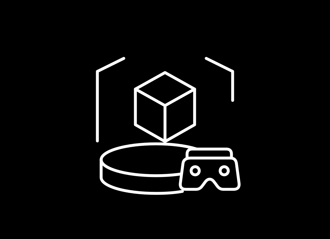 White line icon of a three-dimensional product on a display plinth, framed by a showroom and VR headset.