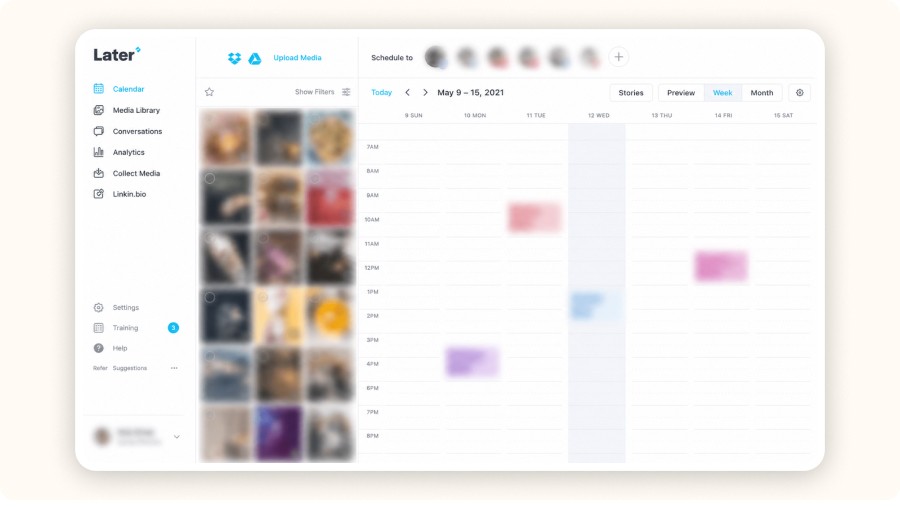 Blurred social media scheduling dashboard with media grid and calendar view&nbsp;