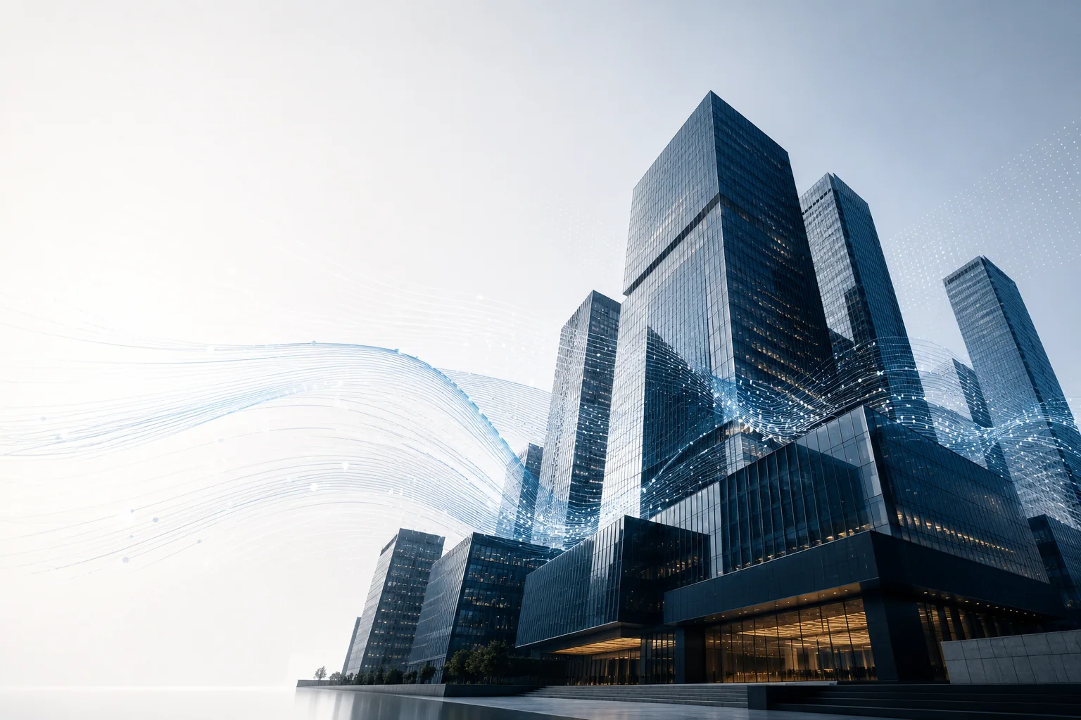 Modern business district with a flowing digital data visualization